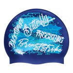 SPURT GRAFFITI SWIMMING STROKE NAMES AND GRUNGE PAINT ON SD16 METALLIC NAVY SPURT SILICONE SWIM CAP