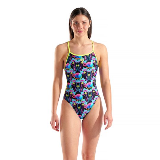 ARENA WOMENS MULTI CHAMELEONS SWIMSUIT LACE BACK MULTI BLACK ARCTIC LIME